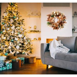BINFEN 24" Winter Wreaths for Front Door, Gold-Brown Leaves Balls Pears Magnolia Flowers Christmas Wreath, Door Reef for Windows Fireplaces Walls, Front Porch Indoor and Outdoor Decor