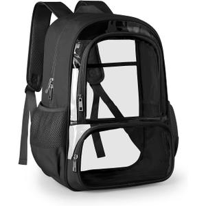 Clear Backpack, Fabric & PVC Transparent Backpack with Reinforced Strap for Women Men, Heavy Duty Transparent Bookbag, Large Capacity Clear Bag, Travel, Security, Black