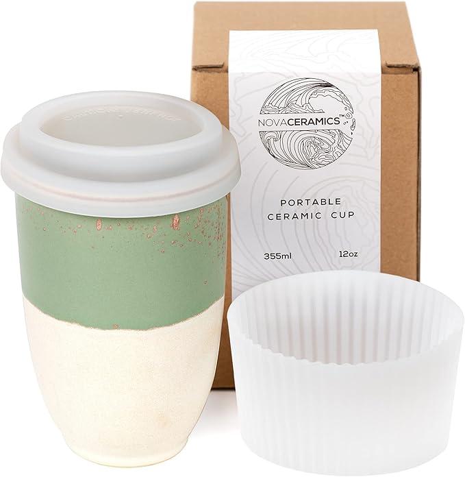 NOVA CERAMICS Travel Mug - Ceramic To Go Coffee Mug With Lid – Travel Mug Ceramic To Go Cup – Microwave & Dishwasher Safe Ceramic Coffee Mug With Lid - Gifts For Women Men Him Her – 12oz – Sage Green