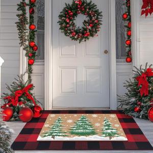 2 Pcs Christmas Doormats with Outdoor Rug Christmas Tree Door Mat Combo Set 100% Coir Welcome Mat and 27.5"x 43" Buffalo Plaid Layering Rug for Xmas Holiday Christmas Outdoor Front Porch Decor (Red and Black)