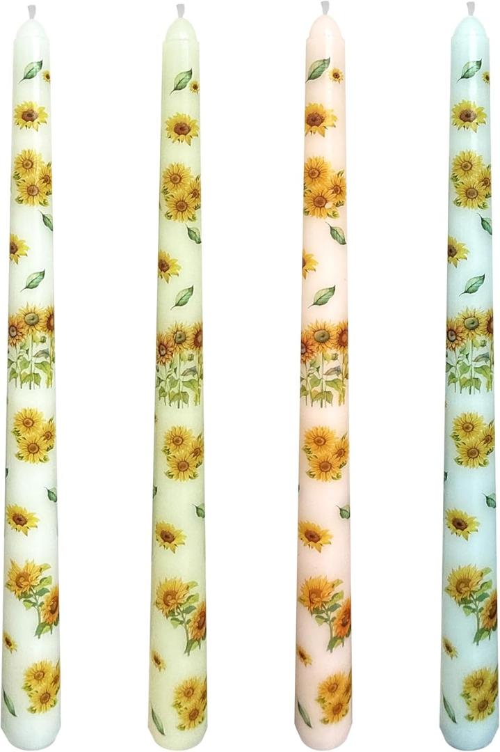 4-Pack Printed Taper Candles Unscented - Dripless & Smokeless 7-Hour Burn - 10" Hand-Poured Candles with Sunflower Design for Dining, Weddings (White/Pastel Yellow/Pink/Blue)