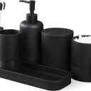 LIN CHUAN 6-Piece Bathroom Accessories Set, Organizer Set with Soap Dispenser, Toothbrush Holder Set, Vanity Tray, Tumbler & 2 Cotton Swab Jars  Modern Stylish Bathroom Storage(Matte Black)