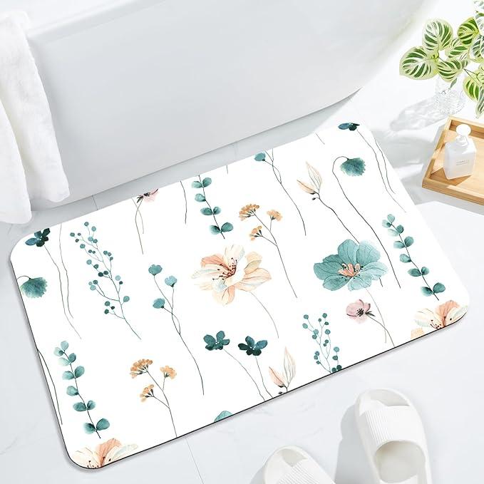 Gibelle Floral Bath Mat Rug Set 2 Piece, Cute Flower Super Absorbent Quick Dry Bathroom Rug Set, Non Slip Rubber Backed Bathroom Floor Mat for Tub Shower Sink (17"x24"+17"x24", Teal)