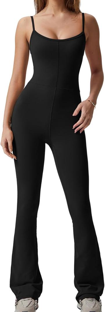 QINSEN Flare Jumpsuits for Women Spaghetti Straps Scoop Neck Bodycon Full Length Casual Unitard Playsuit (Large, Black)