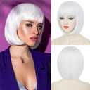 White Bob Wig with Bangs Short Straight Bob Wigs for Women Heat Resistant Synthetic Bangs Wig for Daily Party Cosplay Use (12 Inch)