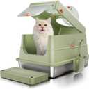 Stainless Steel Cat Litter Box with Lid, Extra Large Enclosed Metal Litter Pan with High Sides, Full Flip Cover Litter Box for Large Cat, Include Scoop & Step, Leak Proof Easy Clean Odor Control,Green
