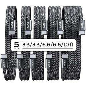 LISEN USB C to USB C Cable, 5-Pack [3.3/3.3/6.6/6.6/10FT] for iPhone 17 Charger Cord, 60W C to C Cable Fast Charging for iPad, iPhone 16 15 Pro Max, Galaxy S25/S24 USBC to USBC Cable Gifts for Men