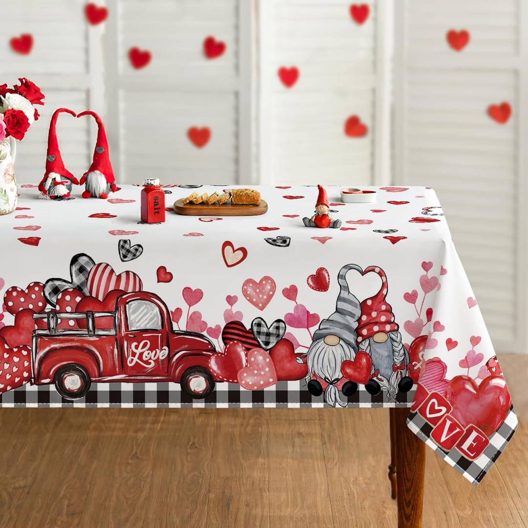 Horaldaily Valentine Tablecloth 6084 Inch Rectangle, Gnomes Truck Black Buffalo Plaid Washable Table Cover for Party Picnic Dinner Decor