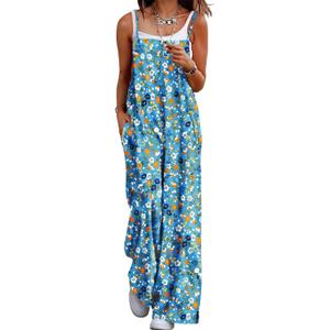 YESNO Women's Summer Boho Cotton Casual Jumpsuits Wide Leg Overalls Floral Print Baggy Rompers with Pockets PZZCR (Blue, XXL)