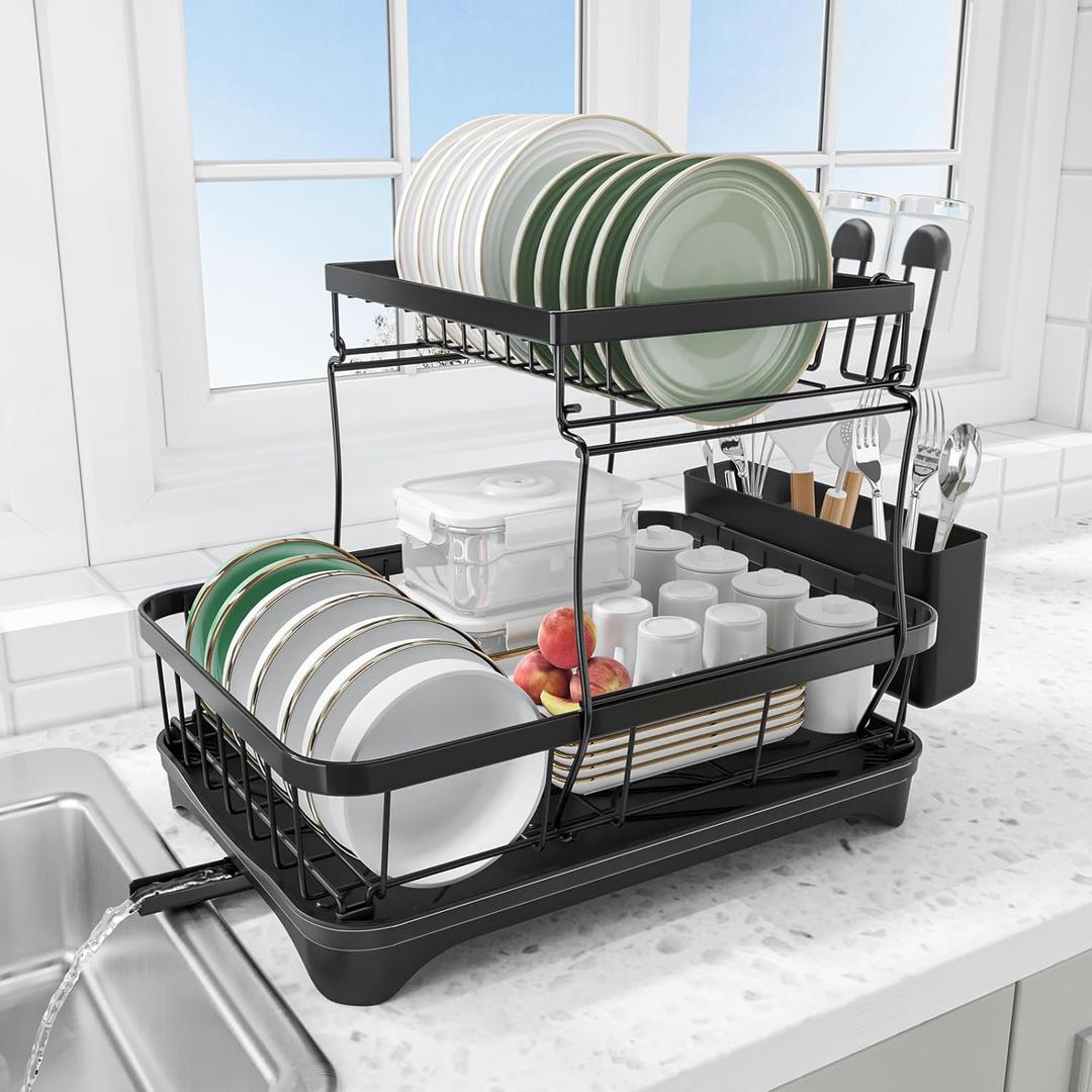 Dish Drying Rack Two-Tier Drying Rack with Utensil Holder, Auto-Draining Dish Rack for Kitchen Counter, Large Capacity for Plates, Bowls, Cups, Dish Drainer with Drainboard, Black Dish Drying Rack Two-Tier Drying Rack with Utensil Holder, Auto-Draining Dish Rack for Kitchen Counter, Large Capacity for Plates, Bowls, Cups, Dish Drainer with Drainboard, Black