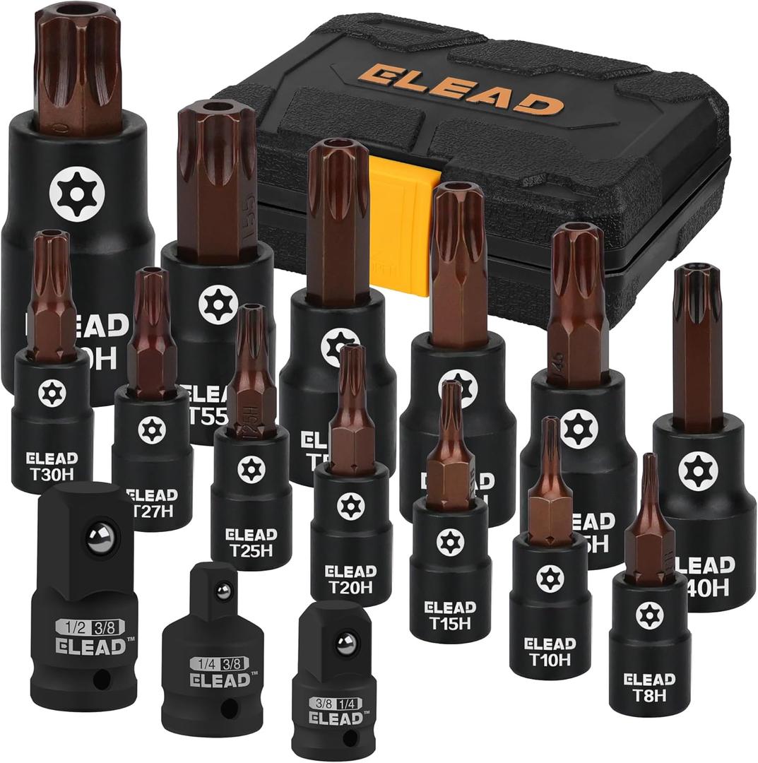 16-Piece Torx Bit Socket Set - Premium S2 Steel European Style T8-T60 with Socket Adapters, Star Bit Socket Set 1/4, 3/8 and 1/2 Drive | Professional Mechanic Garage Tools