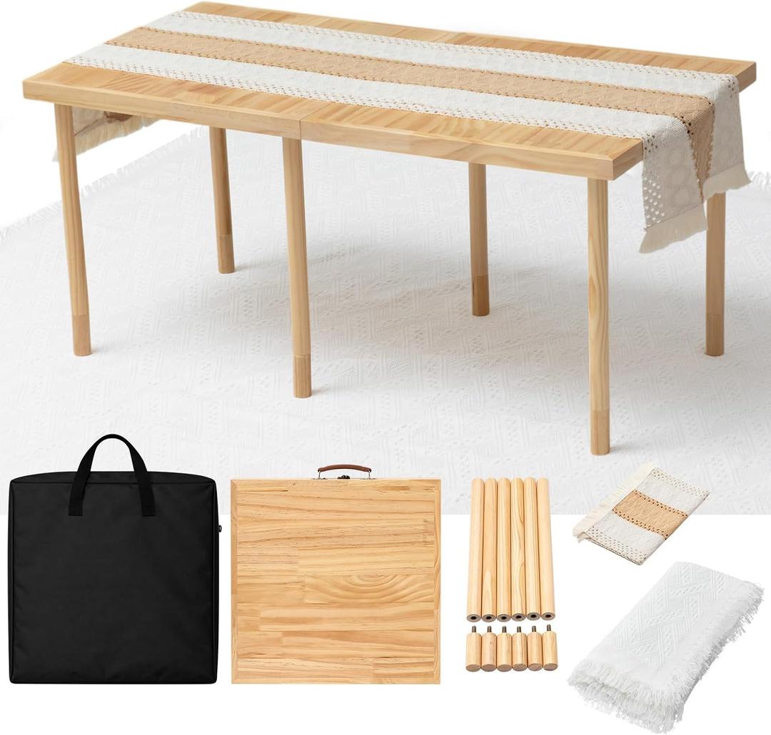 Geelin 36" x 18" Boho Picnic Table for 2 People Low Folding Portable Outdoor with Table Runner, Adjustable Legs, Blanket, and Waterproof Storage Bag for Couples Camping, Beach, BBQ, Backyard