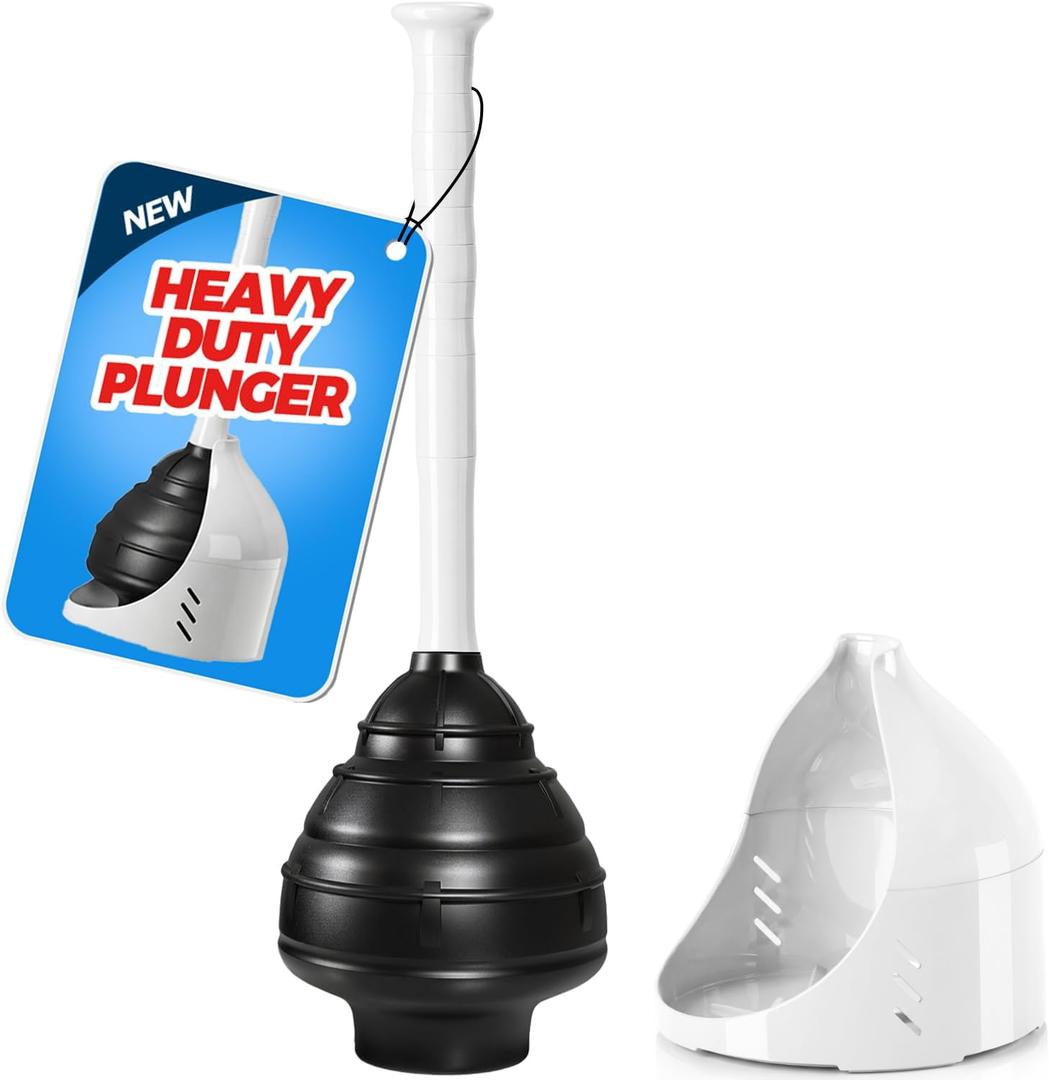 FORASTO Heavy Duty Toilet Plunger with Holder - Extra Large Diameter & Enhanced Cavity Design for Powerful Clog Removal, Odorless Toilet Plunger for Bathroom Accessories & Cleaning Supplies, White