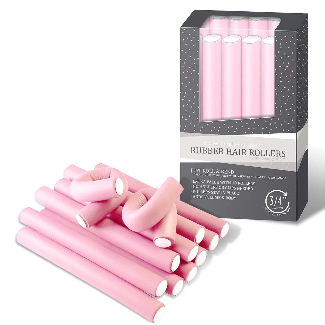 My Beauty Spot Flexi Rods Foam Hair Rollers 3/4" Diameter Professional Salon Quality 10 Pcs Rubber Hair Rollers for Long, Medium and Short Hair (Light Pink)