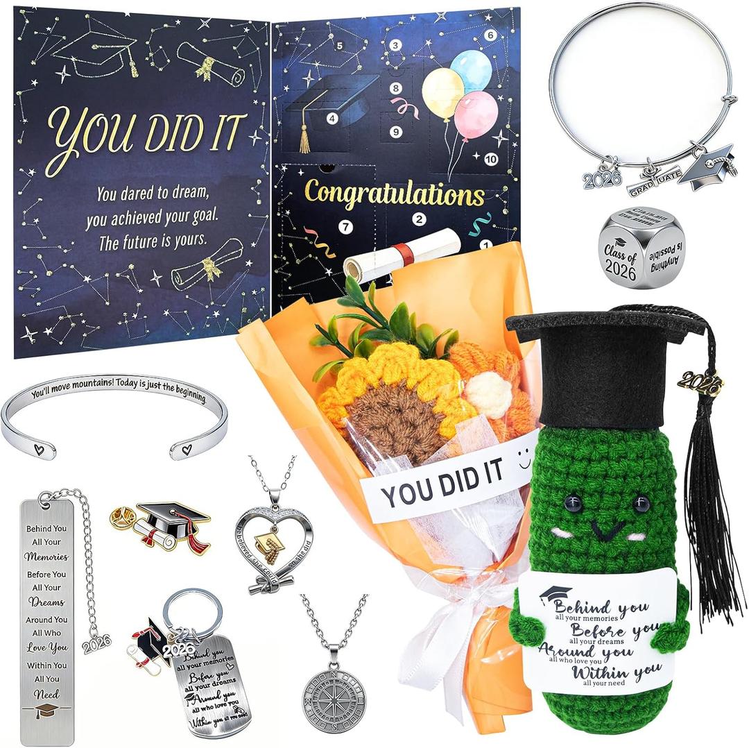 Graduation Gift for Her 2026(Contains 10 Unique Gifts) High School,College and Masters Graduation Gift Baskets,Includes Hand-Woven Cucumbers,Bouquets,Bracelets,Necklaces,Brooches,Etc.