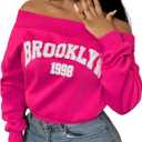 SOLY HUX Women's Letter Graphic Sweatshirt Off Shoulder Long Sleeve Cropped Pullover Top HotPink Letter Small (Pink, S)