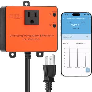Ortis WiFi Sump Pump Monitor & Alarm, Real-Time Pump Status Monitoring, Automatic Power Cutoff & Alerts for Overload and Dry Run Conditions, Compatible with 1/6 to 2 HP Pumps (No Water Level Sensor)