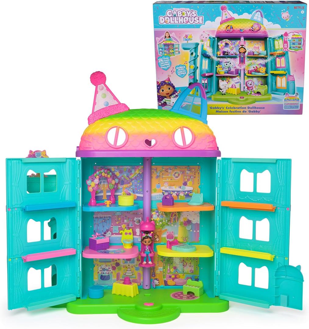 DREAMWORKS GABBY'S DOLLHOUSE, 14 Pc Celebration Dollhouse, 25-Inches Tall, with Toy Figures, Doll House Furniture & 10 Sounds, Kids Toys for Girls & Boys Ages 3+