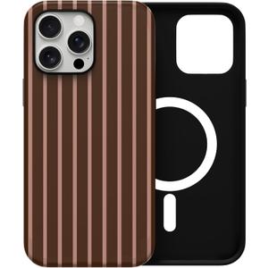 Skyseaco for iPhone 15 Pro Max Case with Magsafe Cute Striped Phone Case, Shockproof Slim Soft TPU and Hard PC Double Layer Protective Cover for Women, Brown