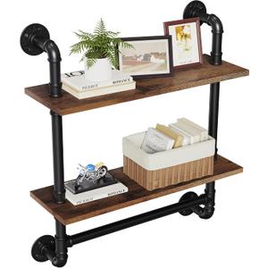 Merapi 24" Industrial Floating Shelves with Tower Bar, Pipe Shelves for Wall, 2 Tier Rustic Wood Wall Shelves for Home Dcor, Bedroom, Living Room, Bathroom