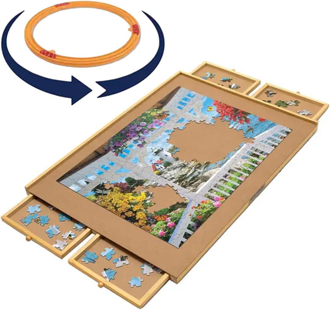 Bits and Pieces Rotating Puzzle Board with Drawers, Jigsaw Puzzle Board 1000 Pieces, 22 Inch x 30 Inch Spinning Wooden Tray Table with 4 Organizing Piece Sorting Trays, Portable, Storage for Puzzles