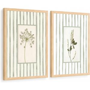 Sage Green Botanical Wall Art Set of 2 Framed, Vintage Herb Floral Canvas Prints, Cottagecore French Country Decor for Living Room Bedroom Bathroom Kitchen, Sage Green, Cream, Beige, Natural Wood, 16"L x 24"W