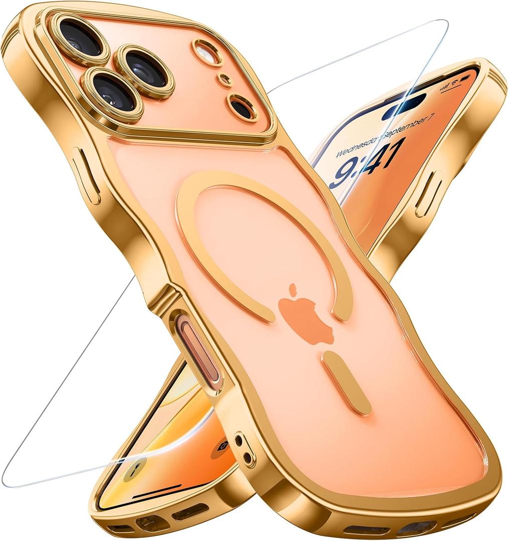 for iPhone 16 Pro Max Case: [Cute Wave Frame][Fit for MagSafe] Military Drop Shockproof Protection, Camera Protective Glossy Slim Magnetic Wavy Phone Cover for Women Girls 6.9'', Clear/Dessert