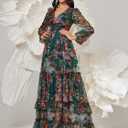 Womens Summer Dresses,Floral Patterns Vintage Elegant Cocktail Long Sleeve Boho Casual Maxi Wedding Guest Dresses for Women, X-Large