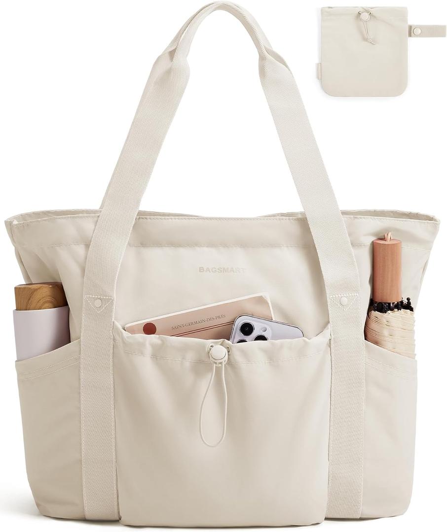 BAGSMART Foldable Tote Bag with Drawstring Bag, Tote Bag Shoulder Bag Top Handle Handbag for Travel, Work, Beach, Gym