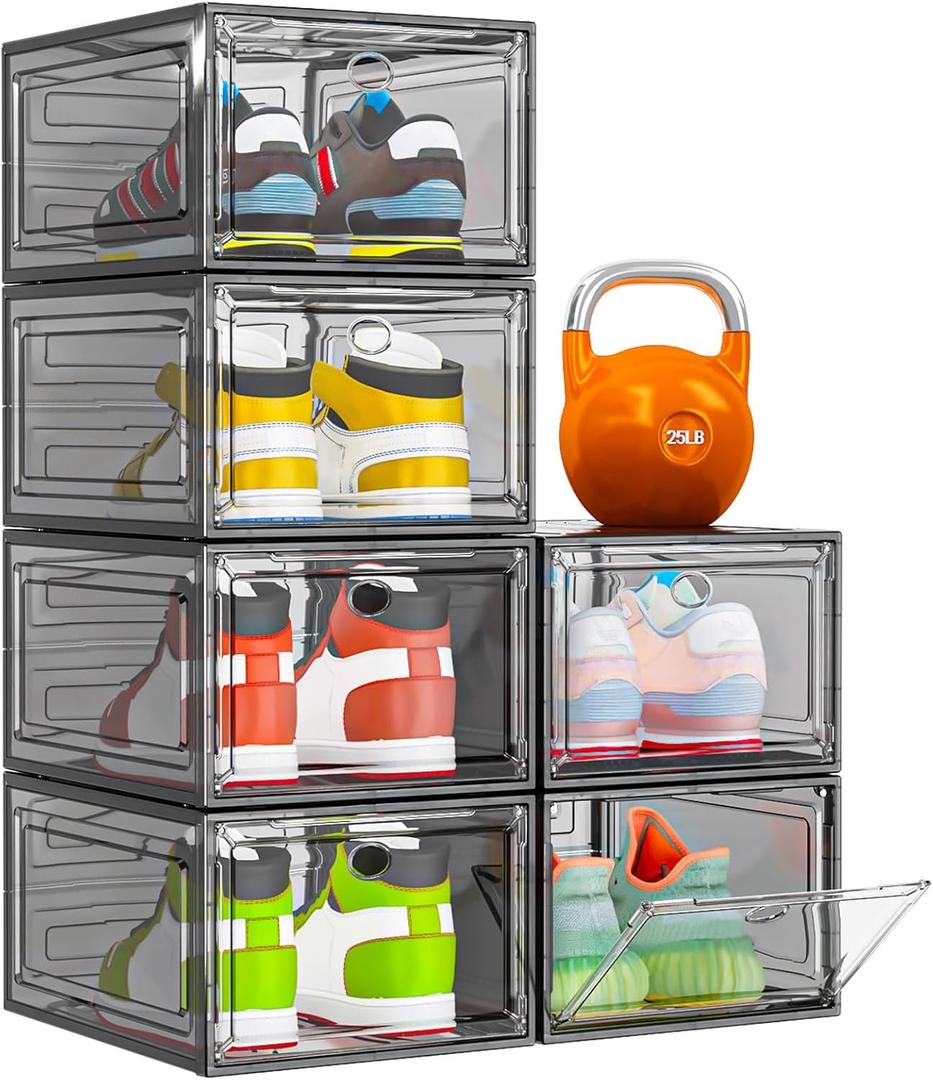 Thicken & Sturdy Clear Shoe Storage Organizer with Magnetic Door, Stackable Boxes for Closet, Foldable Shoe Rack for Sneaker Boot Container, Plastic Shoe Cabinet Shoe Box 6 Pack, Black
