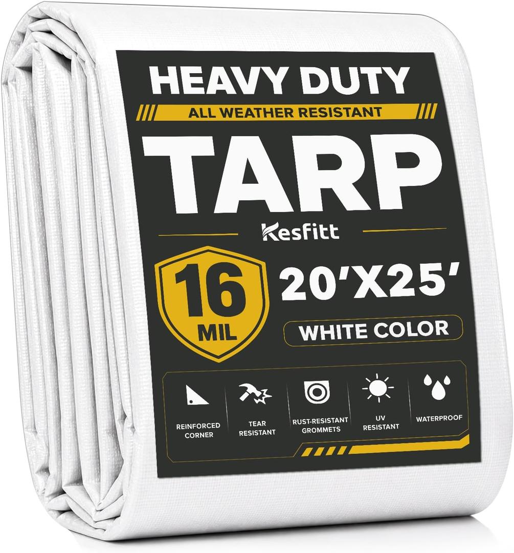 Kesfitt 16 Mil Heavy Duty Waterproof Tarp, 20x25 FT, White
