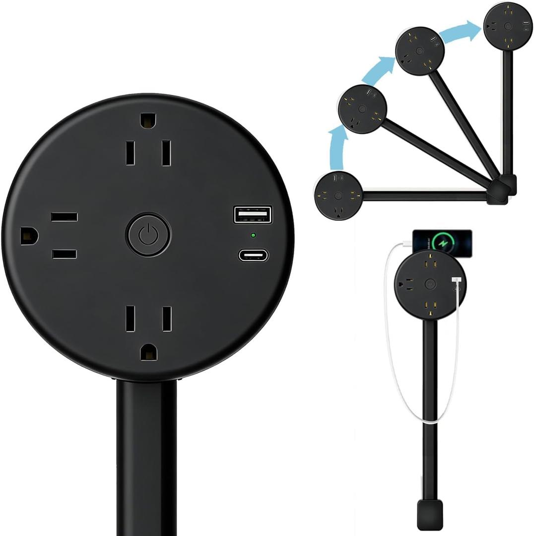 Electrical Outlet Extender Stick, Power Socket Expander Features USB-A, USB-C and 3 AC, 180 Rotating & Extends 18.5"-26.4", Wall Plug Power Socket Expander for Hard-to-Reach Outlets Behind Couch,Bed