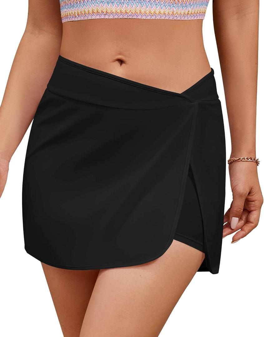 GRAPENT Women's Swim Skirt High Waisted Asymmetric Wrap Bikini Tankini Bathing Suits Bottoms Side Split Swimsuit Skirts (Medium, Black)