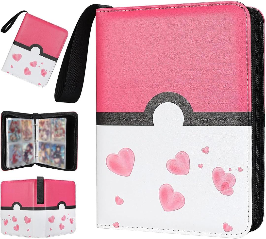 Collectible Trading Card Albums,4 Pocket Card Binder, 400 Double Sided Pocket,PU Premium Zip Trading Card Binder for TCG, MTG,Sports Cards (Pink White)