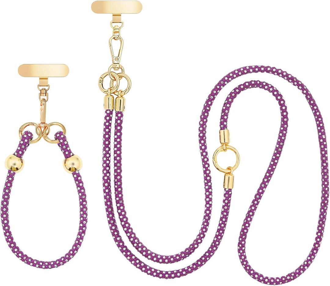 Crystal Phone Strap Crossbody and Wrist Lanyard, Anti Theft Layered & Wrist Strap Cell Phone Neck for Women (Dark Purple)