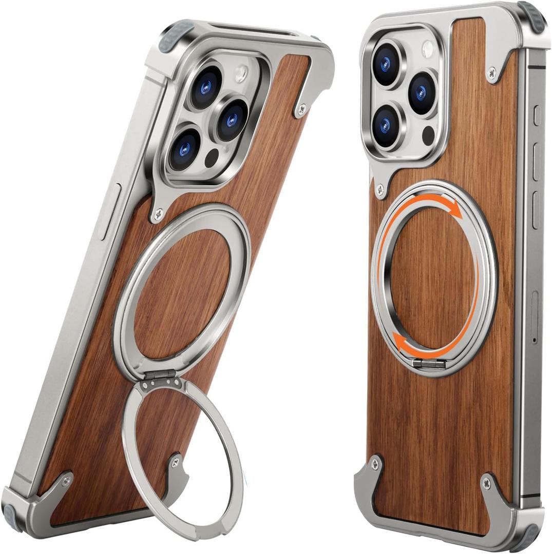 OATSBASF Magnetic Wood Case Compatible with iPhone 15 Pro Max, [Natural Wood & Aluminum] Shockproof Protective Cover Unique Wooden Case with 360 Ring Stand, Natural Titanium
