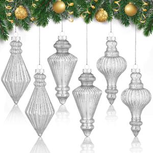 6 Pcs 5.7 inch Mercury Glass Finial Christmas Ornament Rustic Finial Vintage Ornaments Xmas Glass Mercury Hanging Decor Christmas Tree Decoration for Holiday Farmhouse(Silver)