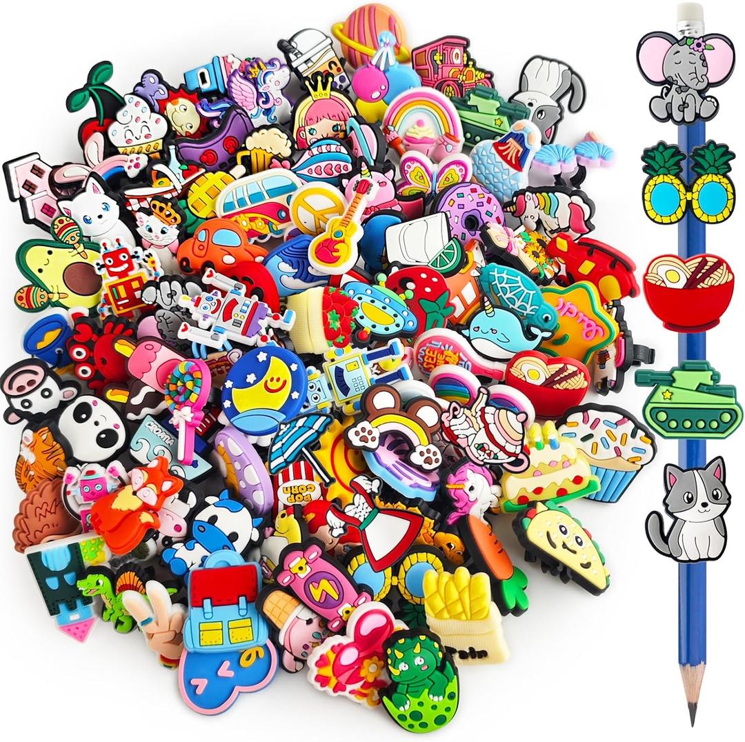 100 Pcs Cute Pencil Topper Decoration,Different Style Pencil Clips,Bulk Pen Toppers Accessories for Game Prize,Family Reward,Gift