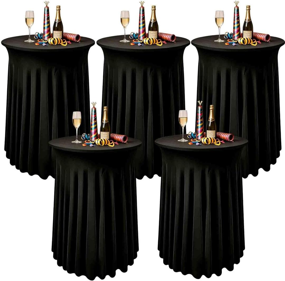 5 Pack Round Spandex Cocktail Table Tablecloths with Skirt, 32 x 43 Inch Black Stretch High Top Cocktail Table Covers Table Skirts Stretch Fitted Round Cocktail Table Cloths for Wedding Party Banquet