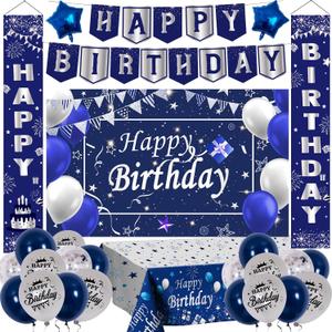 Blue and Sliver Birthday Decorations, Birthday Party Decorations for Men Boys Women Girls with Navy Blue Sliver Happy Birthday Banner Tablecloth Backdrop Porch Sign Door Decorations Balloons
