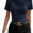 SweatyRocks Women's Ruched Mock Neck T Shirt Short Sleeve Fitted Summer Basic Tops (X-Large, Dark Blue)