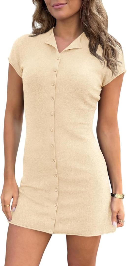 Saodimallsu Womens Button Down Mini Dress Summer Sleeveless Bodycon Casual Knit Short Cardigan Sweater Dresses (Beige, S)