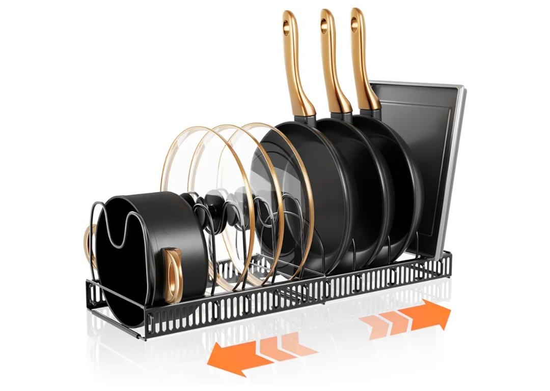 Pots and Pans Organizer Rack for Under Cabinet Expandable Pot Lid holders inside Organizer 10 Adjustable Divider Pan organizer 11.81''-22.85'' Pan lid organizer for cabinet Organizer for Bakeware