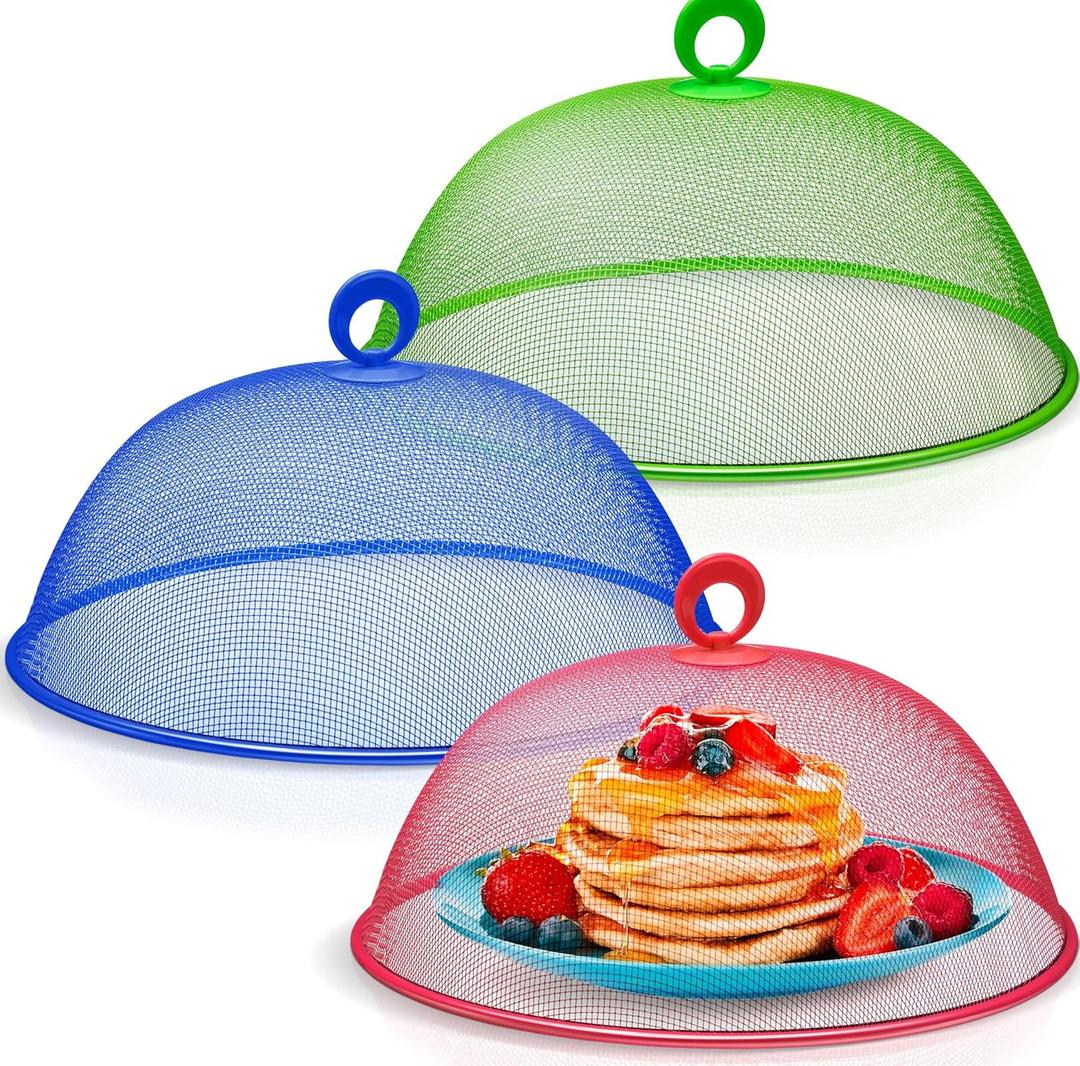 Metal Mesh Screen Food Cover Tent Umbrella, 10.75 inch, Reusable Outdoor Picnic Food Covers Mesh, Food Cover Net Keep Out Flies, Bugs, Mosquitoes (3 Pack, Green Blue Red)
