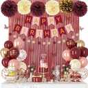 Burgundy Birthday Decorations for Women Girls, Pearl Pink Rose Gold Sand Metallic Printed Balloons Butterfly Stickers Fringe Curtain Happy Birthday Banner Circle Dot Paper Pompom Party Supplies
