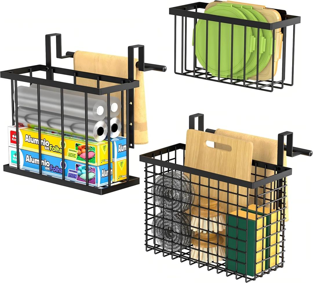 3 Pack Over Cabinet Door Organizer - Adjustable Cabinet Door Organizer with Towel Rack,Hanging Over the Door Organizer for Cutting Board, Plastic Wrap, Aluminum Foil, Cleaning Supplies, Baking