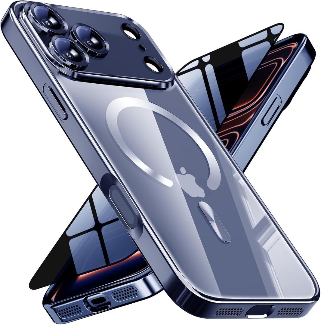 Magnetic for iPhone 17 Pro Max Case with Privacy Screen Protector & Full Camera Cover, [Non-Yellowing] Shockproof Clear Phone Case Compatible with MagSafe Women Girls for iPhone 17 ProMax, Blue