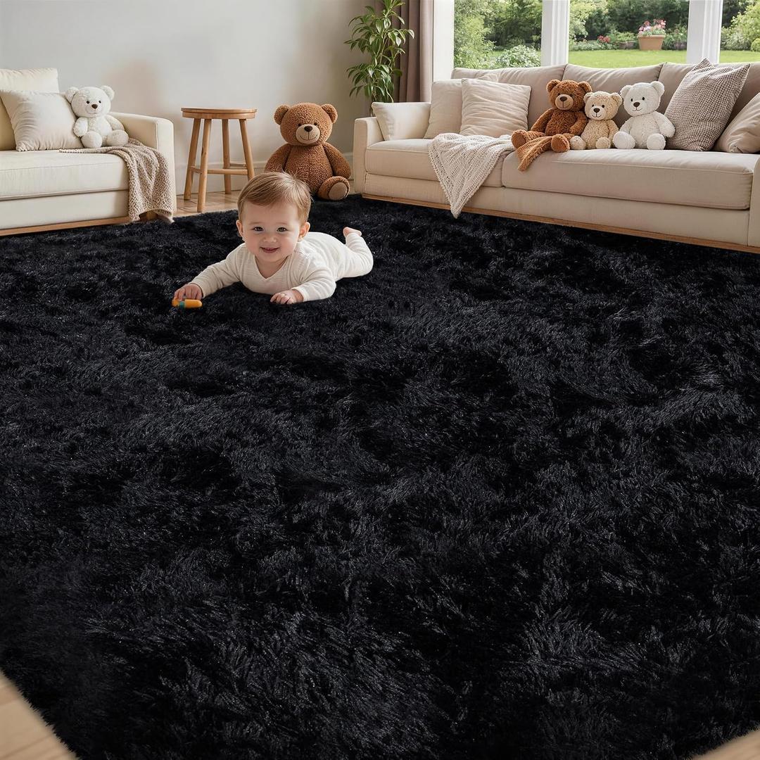 8x10 Area Rug for Living Room:Ultra Soft Fluffy Shag Black Rugs,Large Fuzzy Plush Indoor Non Slip Carpet Washable Rug for Bedroom Kids Nursery Office Dorm Modern Decor(Black)