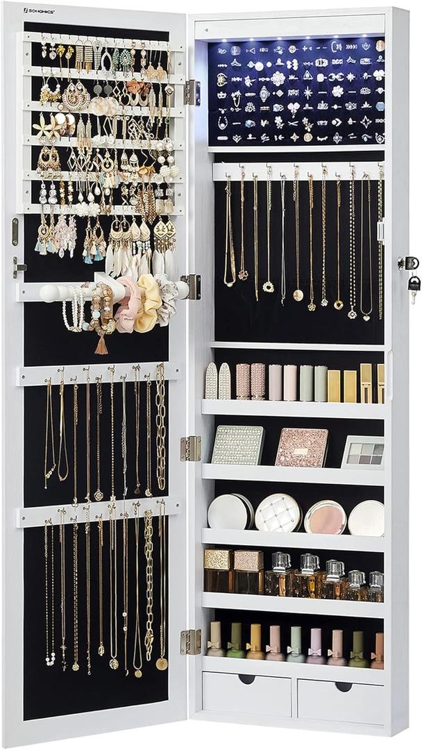 SONGMICS 6 LEDs Mirror Jewelry Cabinet, 47.2-Inch Tall Lockable Wall or Door Mounted Jewelry Armoire Organizer with Mirror, 2 Drawers, Gift for Mom, 3.9 x 14.6 x 47.2 Inches, White UJJC93W