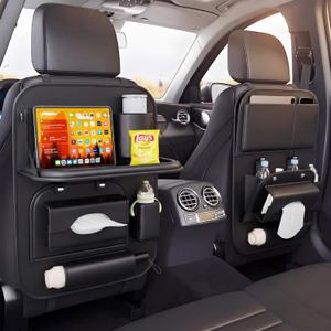 FASTAGEI 2 Pack Universal Premium Leather Foldable Car Backseat Organizer with Table Tray, Car Seat Back Protector with Garbage Bag Touch Screen Pad Holder, Car Kick Mats with Tissue Box (Black)